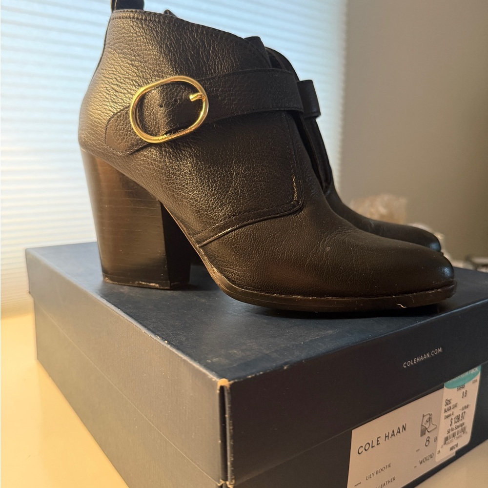 Cole Haan Black Leather Ankle Booties with Gold Buckle